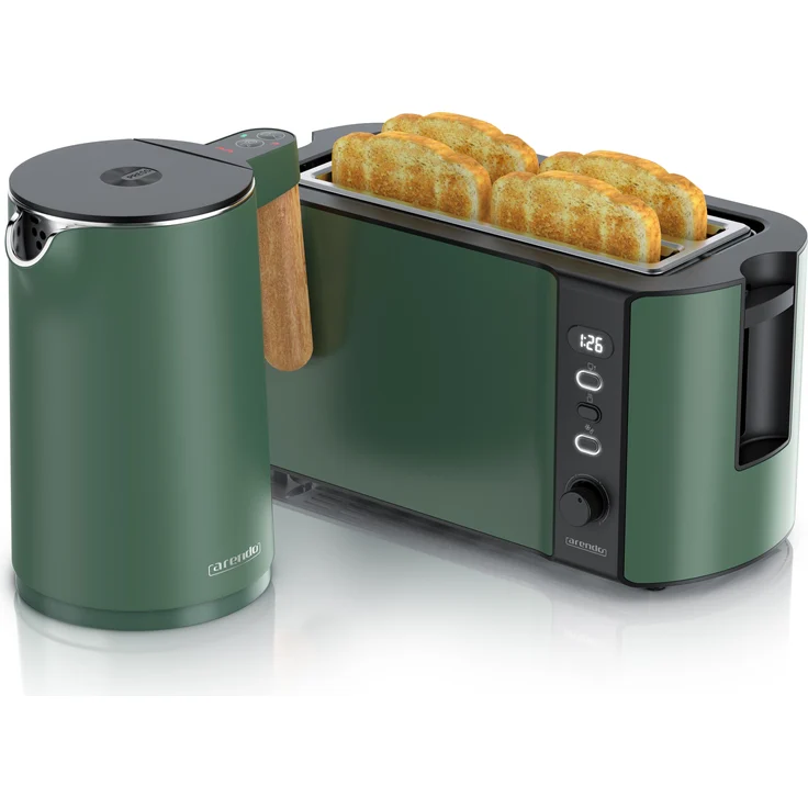 Arendo Frühstücks-Set Edelstahl, Wasserkocher mit Temperatureinstellung 1,5l und 4-Scheiben Langschlitztoaster mit Brötchenaufsatz, grün