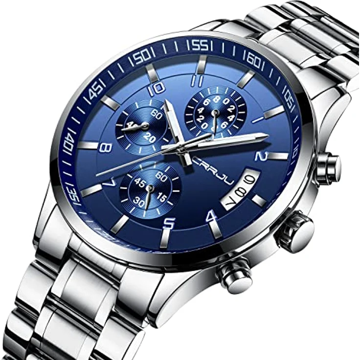 CRRJU Herren Chronograph Armbanduhr, wasserdichte Edelstahl Quarzuhr mit Kalender, Silber Blau – Bild 2