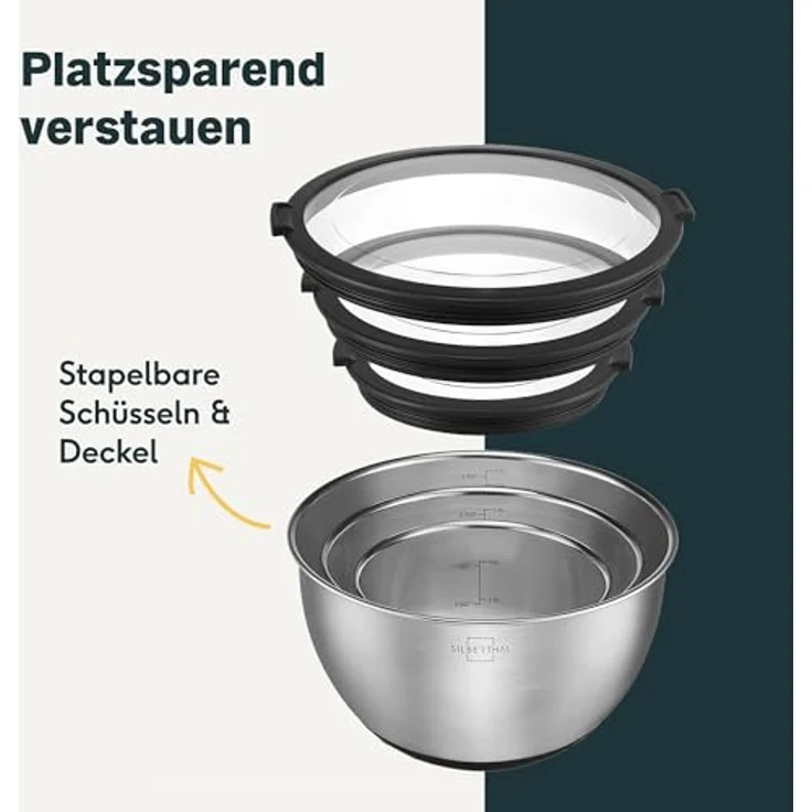 SILBERTHAL Edelstahl Schüssel Set mit Deckel - 3 Stück - Vielseitige Koch- und Servierschüsseln, stapelbar, rutschfest - Silber – Bild 5