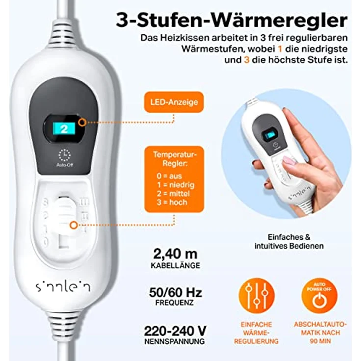 sinnlein Heizkissen, 60x85cm, elektrisch für Rücken Schulter Nacken | Wärmekissen mit 3 Temperaturstufen & Abschaltautomatik (Anthrazit) – Bild 3