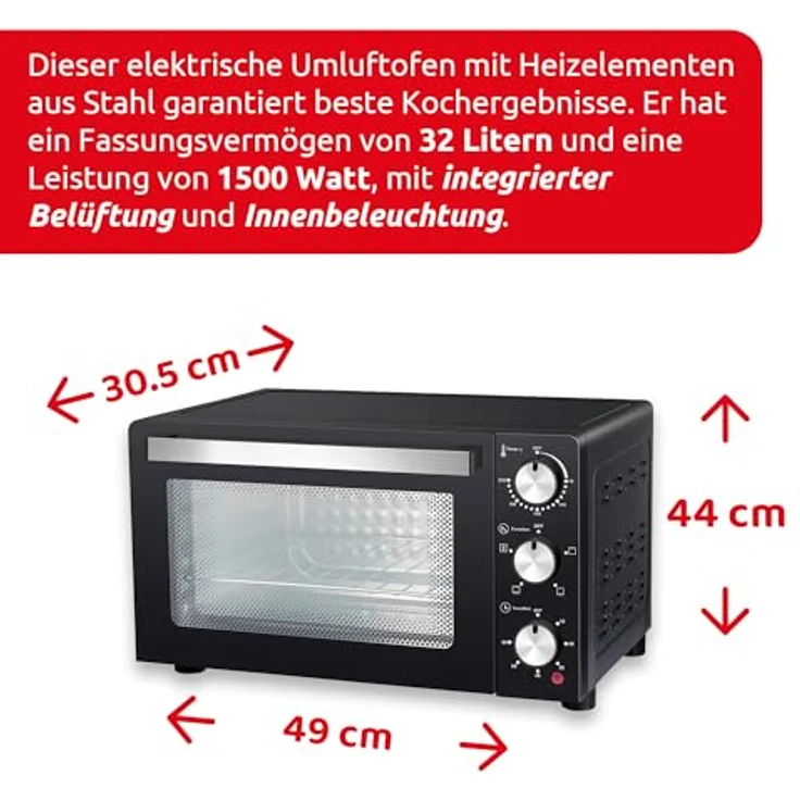 Melchioni Devil 32 32 L 1500 W Nero, Minibackofen mit Umluft-Funktion – Bild 4