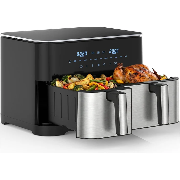 WELLENT Heißluftfritteuse 11L XXL, 2 Kammern, 2600 W, 10-in-1 LED-Touchscreen, spülmaschinenfest, fettarmes Kochen für Familie & Party
