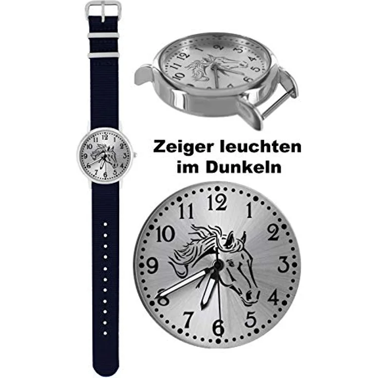 Pacific Time Mädchen Armbanduhr, Pferdemotiv analog Quarz mit blauem Textilarmband, 3,2 cm Gehäuse, leuchtende Zeiger, 11-fach verstellbar – Bild 4