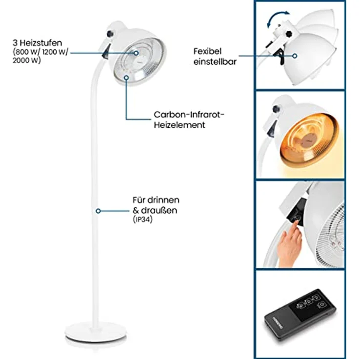 Hoberg Infrarot Heizstrahler mit Carbon-Heizelement 2000 W | Elektrischer Terrassenstrahler mit 3 Heizstufen & Fernbedienung | Schnelles Aufheizen & gezielte Wärme | Für Indoor & Outdoor [IP34] – Bild 2