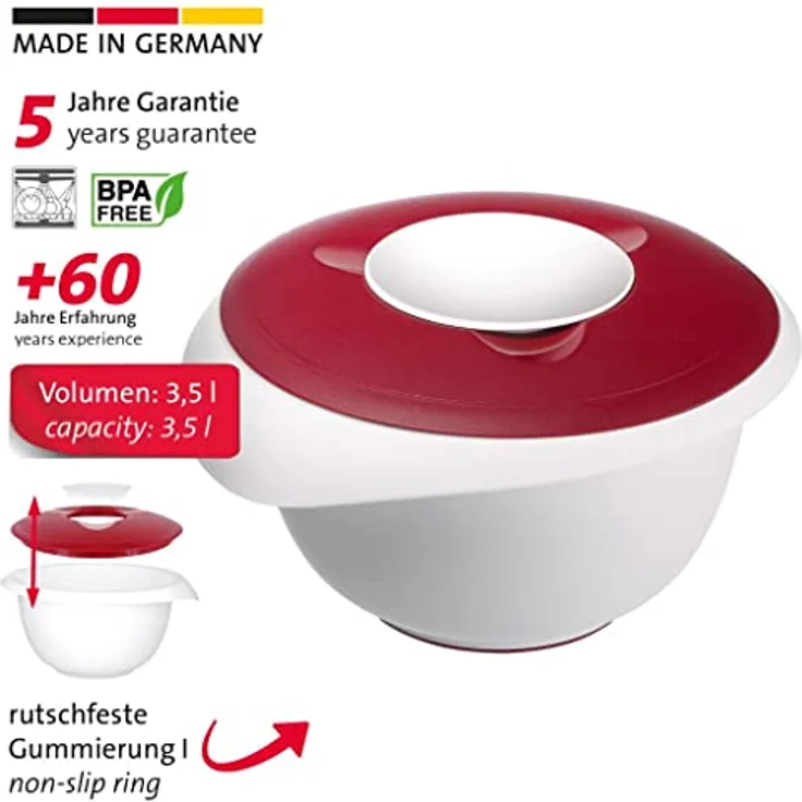 Westmark 2 Rühr-/Backschüsseln mit zweigeteiltem Deckel, 3,5 l, Mit Ausgießer, Kunststoff, Weiß/Rot, 315522E3 – Bild 2