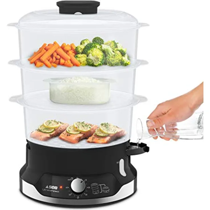 SEB Ultracompact Dampfgarer VC204800, 9 l, 800 W, 3 stapelbare Schüsseln, 60 Minuten Timer, automatische Abschaltung, sichtbarer Wasserstand