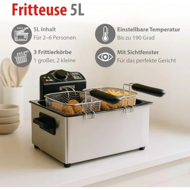 Fritteuse ALPINA, mit Fett, 2000 Watt, 5 Liter Fassungsvermögen, Edelstahl, silber, mit 3 Frittierkörben – Bild 4