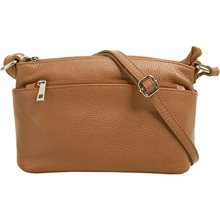 Cluty Umhängetasche, Echtleder, Made in Italy, 15 cm x 27 cm, mit Reißverschlusstaschen, klassisches Design