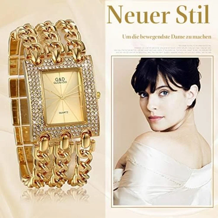 JewelryWe Damen Uhr Elegant Analog Quarz Armbanduhr mit Strass, rechteckig, dreifach Panzerkette Armband, Gold – Bild 2