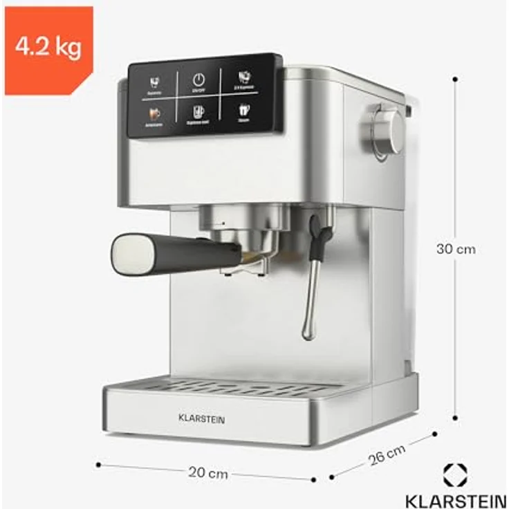 Klarstein SteelPresso Touch Siebträgermaschine – 20-Bar, 1350 W, Edelstahl, 1,5-L-Wassertank, Touch-Display, Integrierter Milchaufschäumer, Kompaktes Design, Kaffeemaschine – Bild 8