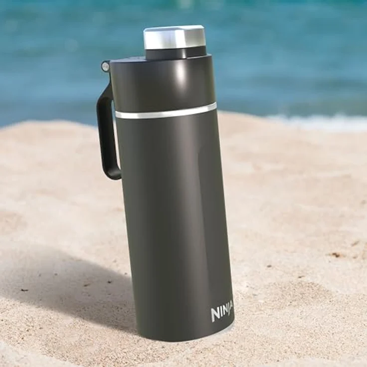Ninja Thirsti Wasserflasche/Thermobecher to go, 700ml, dreifach isoliert, auslaufsicherer Deckel, für kohlensäurehaltige, heiße & kalte Getränke, Edelstahlflasche, Schwarz – Bild 4