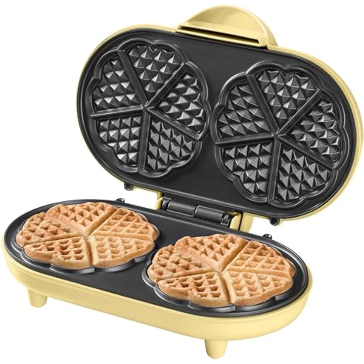Bestron Doppel-Waffeleisen für klassische Herzwaffeln, Herzwaffeleisen mit Backampel & Antihaftbeschichtung, ideal für Kindergeburtstage, Ostern & Weihnachten, Farbe: Gelb – Bild 1