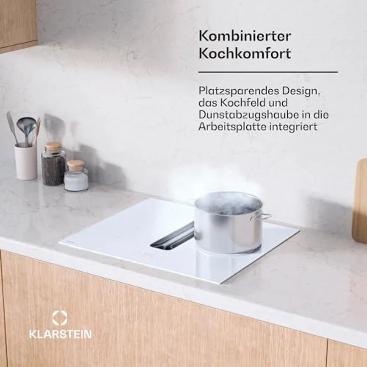 Klarstein AirJet FlexPro Induktionskochfeld mit integriertem Dunstabzug - A+ Energieeffizienz, 600 m³/h Abluft, 14 kW Leistung, 4 Flexzonen, leise 52 dB, Touch-Steuerung, Weiß – Bild 2