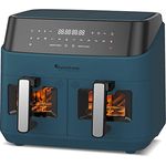 TurboTronic Heißluftfritteuse XXL doppel Airfryer 1600W / 9L (2x 4,5L Kammer) 10 Programme digitale Heißluft Fritteuse ohne Fett Öl Dual Luftfritteuse Air Friteuse Power Blue