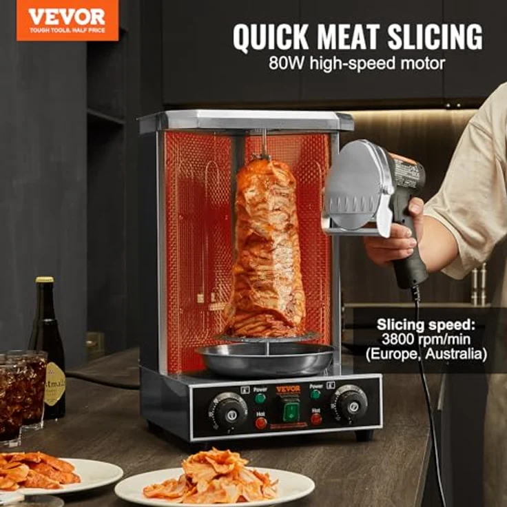VEVOR Elektrisches Schawarma-Messer KS-100E-1, Edelstahl Kebab-Schneider mit 80 W Power, 2 Klingen und 10 cm Klingendurchmesser – Bild 2