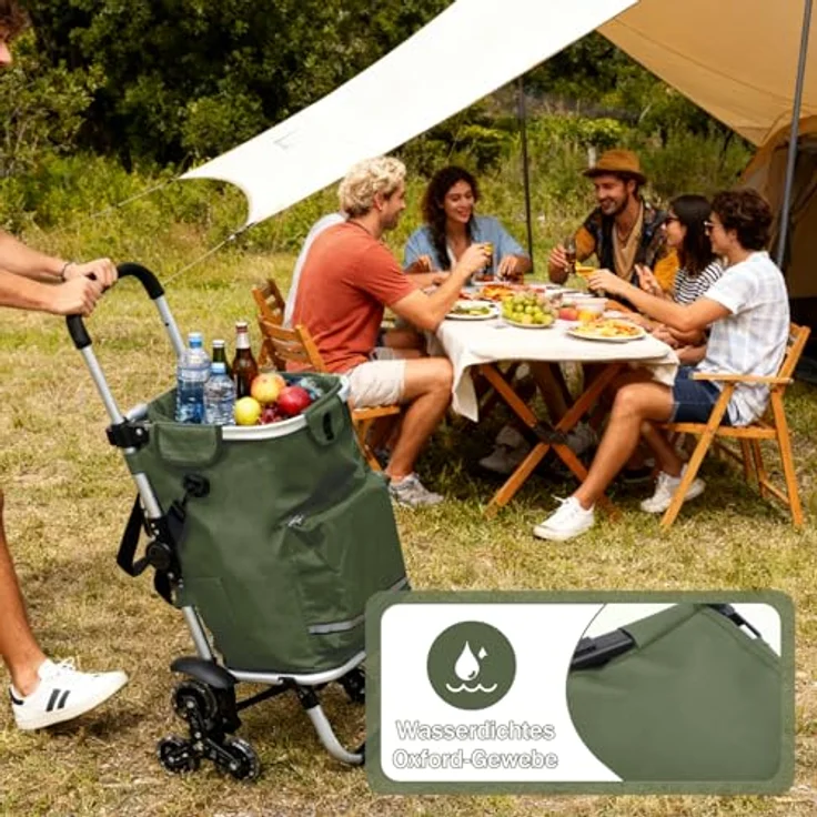 Sekey Einkaufstrolley Klappbarer Einkaufswagen 3-in-1 mit Kühlfach, Treppensteiger, 42 l, Dunkelgrün, inkl. Einkaufschip und Spanngurt – Bild 6