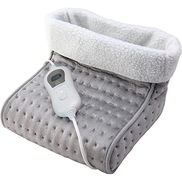Mobiclinic, Elektrischer Fußwärmer, Wolle und Fleece, Sehr niedriger Verbrauch, Europäische Marke, Mit Abschaltautomatik, Leicht waschbares Innenfutter, 3 Temperaturstufen, 30 x 30 x 24 cm, Grau