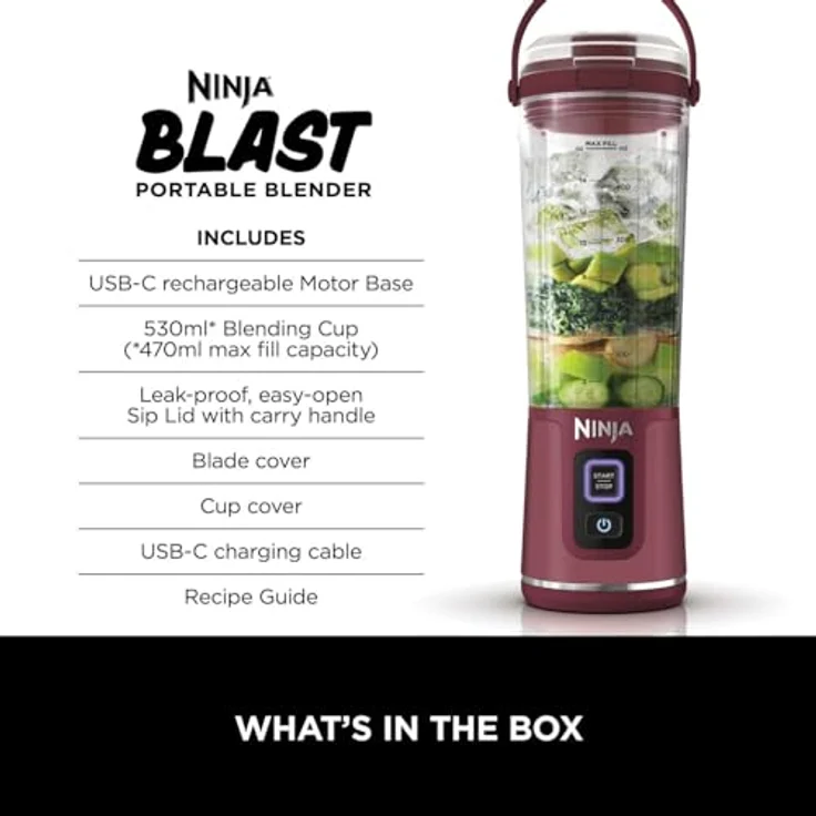 Ninja Blast BC151UKCR, Rot, Tragbarer Mixer, 530 ml, auslaufsicherer Deckel und Trinkauslauf, leistungsstarker kabelloser Mini-Mixer, wiederaufladbar, tragbare Smoothies, Protein-Shakes, mischt Eis und – Bild 2
