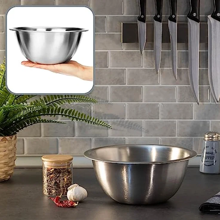 com-four® 6x Rührschüssel aus Edelstahl, multifunktionale silberfarbene Schalen, platzsparend stapelbar, Ø 24cm – Bild 4