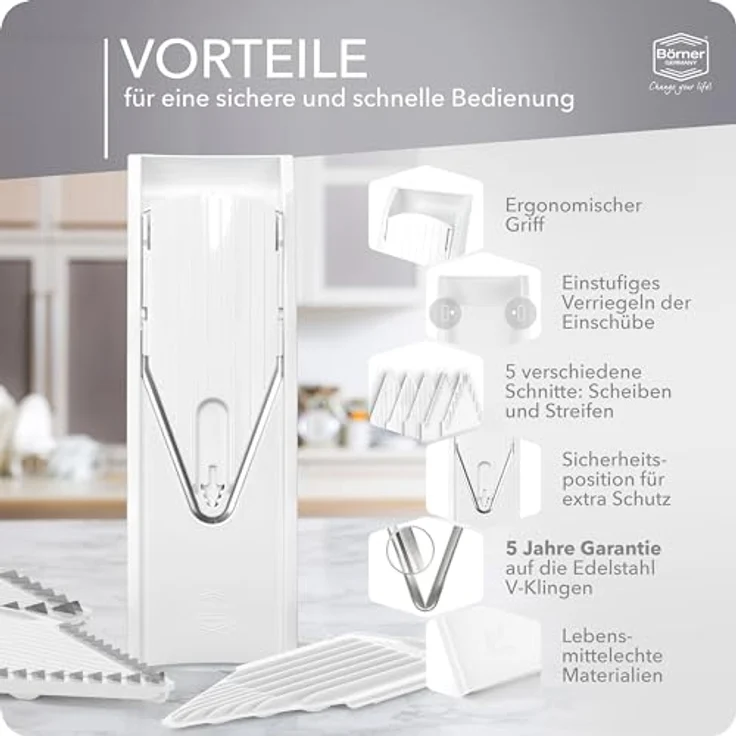 Börner Gemüsehobel V1 ClassicLine Starter Set, Kunststoff, mit 2 Messereinschüben weiß – Bild 5