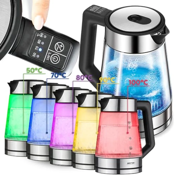 MPM MCZ-116 Wasserkocher 1,7L mit LED-Beleuchtung, Temperaturregelung 50-100°C, Glas- und Edelstahlgehäuse, Warmhaltefunktion, 2200W – Bild 1