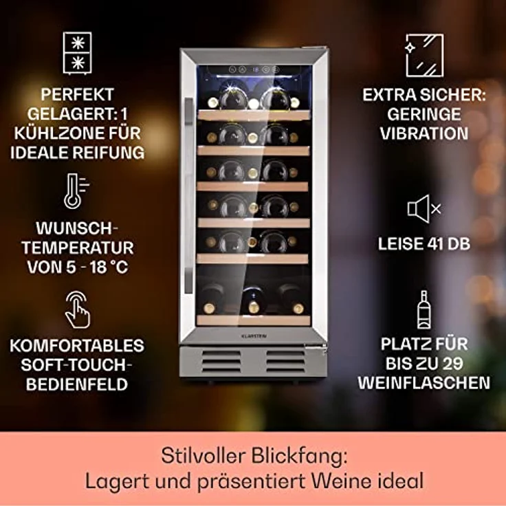 Klarstein Vinovilla 29 Weinkühlschrank, freistehend, edelstahl, 1 Temperaturzone, Glastür, Energieklasse G – Bild 3
