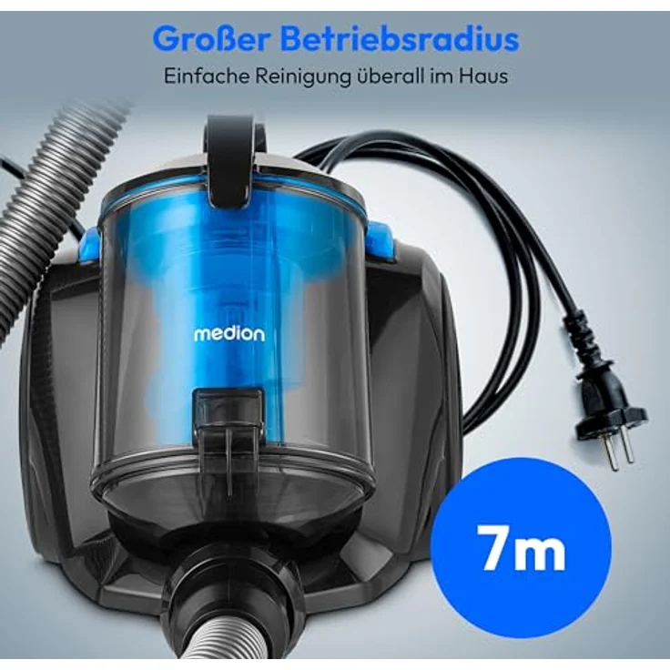 MEDION E2001 Zyklon-Staubsauger, beutellos, 800 Watt, 2 Liter Staubbehälter, 7 m Arbeitsradius, waschbarer HEPA-Filter – Bild 4