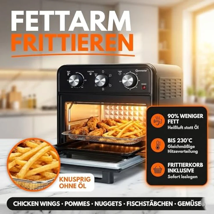Sommertal Minibackofen 20 Liter, Tischbackofen mit Umluft & Heißluftfritteuse, 1800W, 100–230°C, 60 Min. Timer, inkl. Zubehör – Bild 3