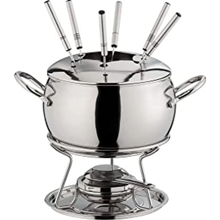 APS Fondue- und Feuerzangenbowle Set, Zuckerzange, Feuerzange, Fondue-Topf, Edelstahldeckel, hochglanzpoliert, Gestell, verchromt, Schöpfkelle, für ca. 2,2 Liter Flüssigkeit, Ø22 cm, 23 cm Höhe – Bild 5
