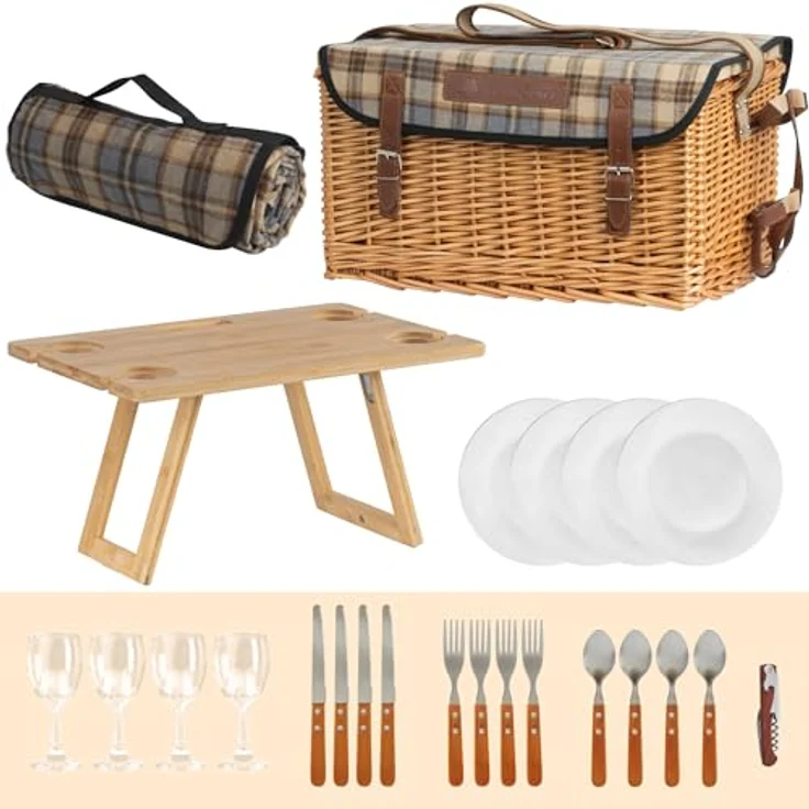 CampFeuer Picknickkorb für 4 Personen, 25-teiliges Geschirr-Set mit Weidenkorb und Serviertisch, naturfarben – Bild 3