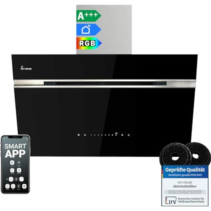 KKT KOLBE AURORA8005SE Dunstabzugshaube 80 cm, A+++ Energieeffizienz, 782 cbm/h, Umluft/Abluft, kopffrei, Schwarz Silber Edelstahl, Nachlaufautomatik, Smart WiFi App, SensorTouch, RGBW LED – Bild 1