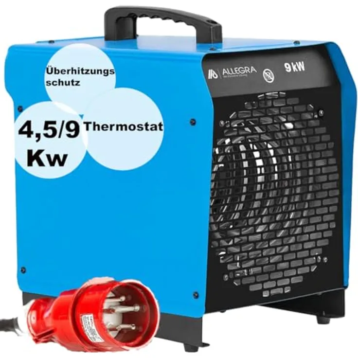 ALLEGRA Heizlüfter 9kw 400v Bauheizer Heizgebläse mit Thermostat – Starkstrom für Garage und Industrie 16A, elektrisch - Zeltheizung Baustelle 10 Kg, blau