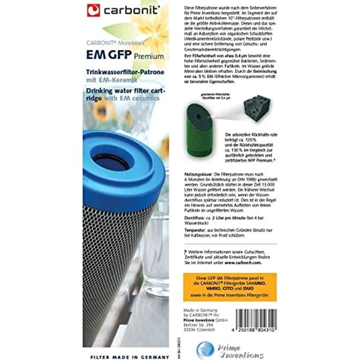 Carbonit 2 x Prime Invention Wasserfilter GFP Premium EM Filterpatrone 0,4 µ mit mehr Aktivkohle und EM-Keramik, Made in Germany, blau – Bild 2