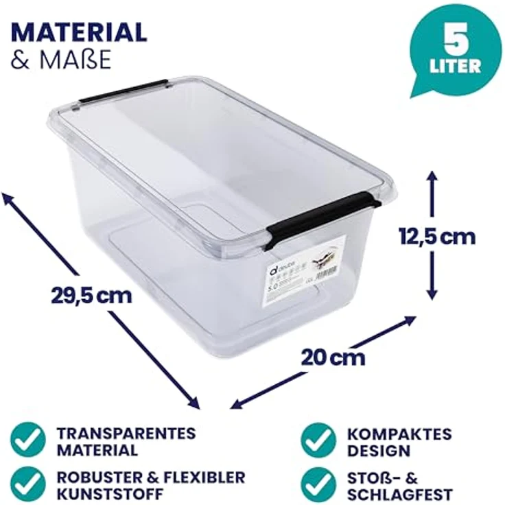Deuba® 10x Aufbewahrungsbox mit Deckel 5L Box Kunststoff Kisten lebensmittelecht BPA frei Klein Klickverschluss Transparent Stapelbar Küche Schlafzimmer, Set in 2 Größen (20x15x12cm und 30x20x12cm) – Bild 5
