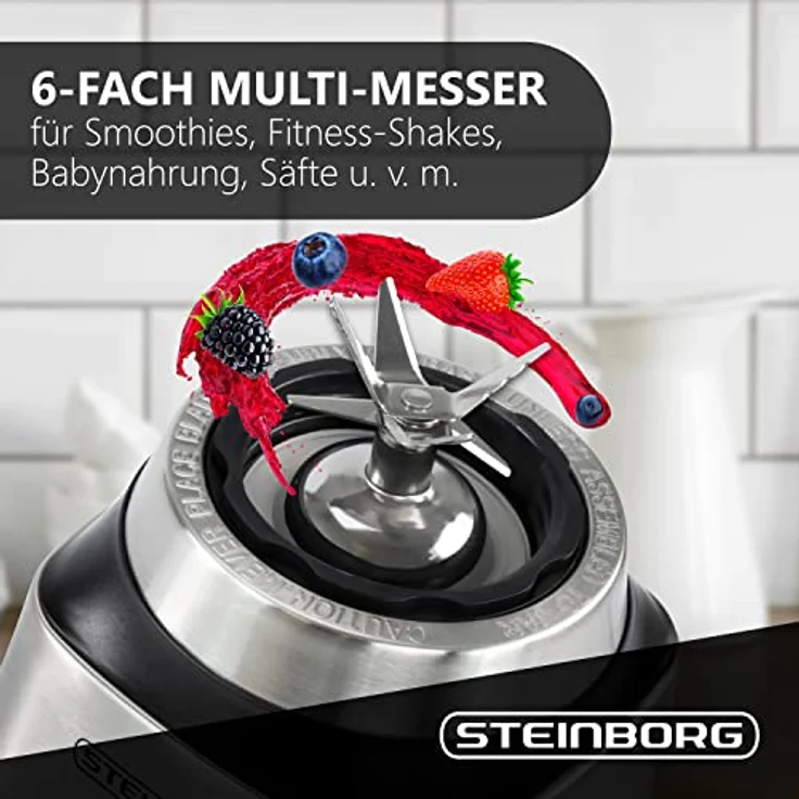 Steinborg SB-7010 Standmixer, 600W, 1,5L Glaskrug, 2 Geschwindigkeitsstufen, Puls-Funktion, 6-Fach Stahlmesser, silber – Bild 4