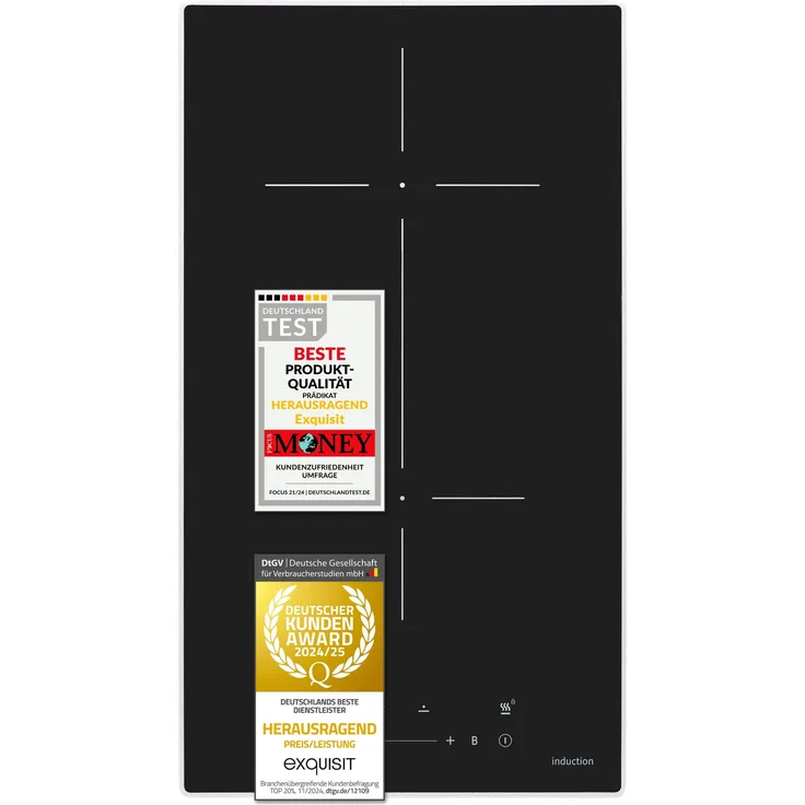Exquisit EKI300-B-R-380, Induktionskochfeld mit 2 Kochzonen, Touch-Control, 9 Leistungsstufen, Booster, Timer, Schwarz, kompakt