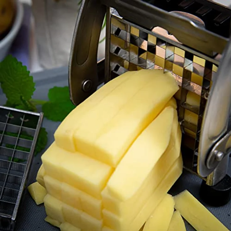Küchenprofi Pommes Schneider, Küchenreibe aus Edelstahl mit 2 Schneideeinsätzen für Pommes und belgische Frites, Silber – Bild 6
