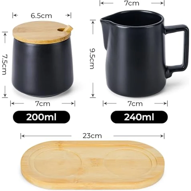MIAMIO Milch und Zucker Set mit Deckel und Löffel, Keramik Milchkännchen und Holztablett, mikrowellen- und spülmaschinenfest, Schwarz – Bild 3