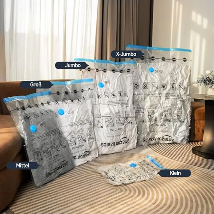 Amazon Basics Vakuumbeutel für Kleidung, 5er-Pack, mittelgroß (70 x 50 cm), luftdicht mit Handpumpe und Reißverschluss, transparent – Bild 5