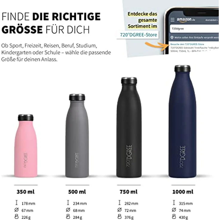 720°DGREE Edelstahl Trinkflasche “milkyBottle”, 500ml, BPA-frei, auslaufsicher, kohlensäuregeeignet, für Kinder, Sport und Schule – Bild 3