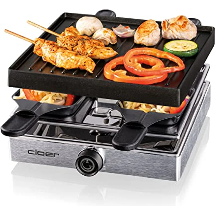 Cloer 6454 Raclettegrill mit Aluminium-Druckguss Platte, 750 W, 4 antihaftbeschichtete Raclettepfännchen, Kunststoffspachtel, unbeheizter Parkplatz, Aluminium – Bild 1