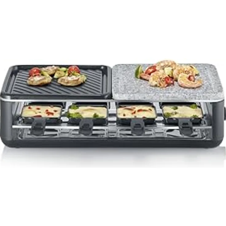 SEVERIN Raclette-Grill Black Line RG 2366, Tischgrill für 8 Personen mit Naturgrillstein & antihaftbeschichteter-Grillplatte