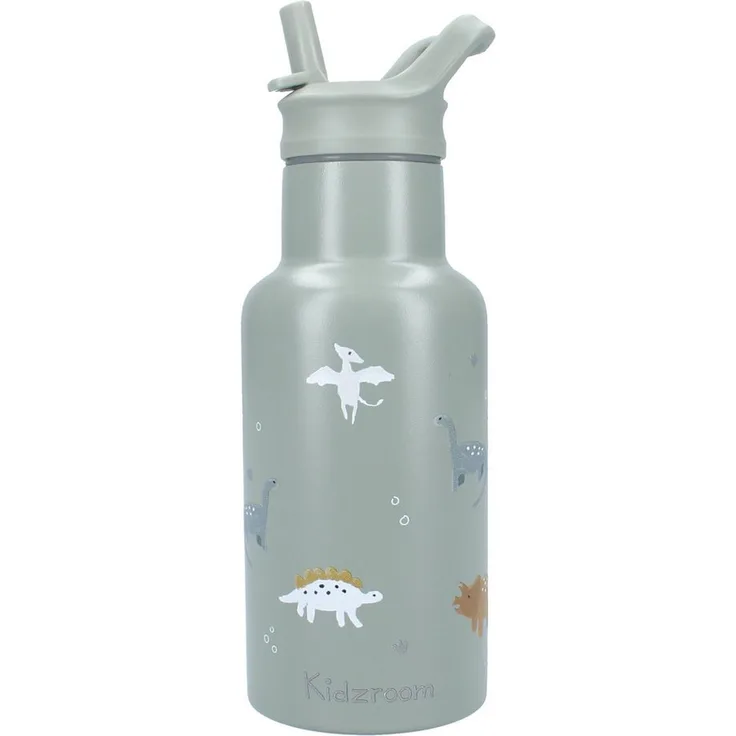 Kidzroom Trinkflasche Small Talk, 350 ml Edelstahl für Kinder mit Dino-Aufdruck und ausklappbarem Strohhalm, grün