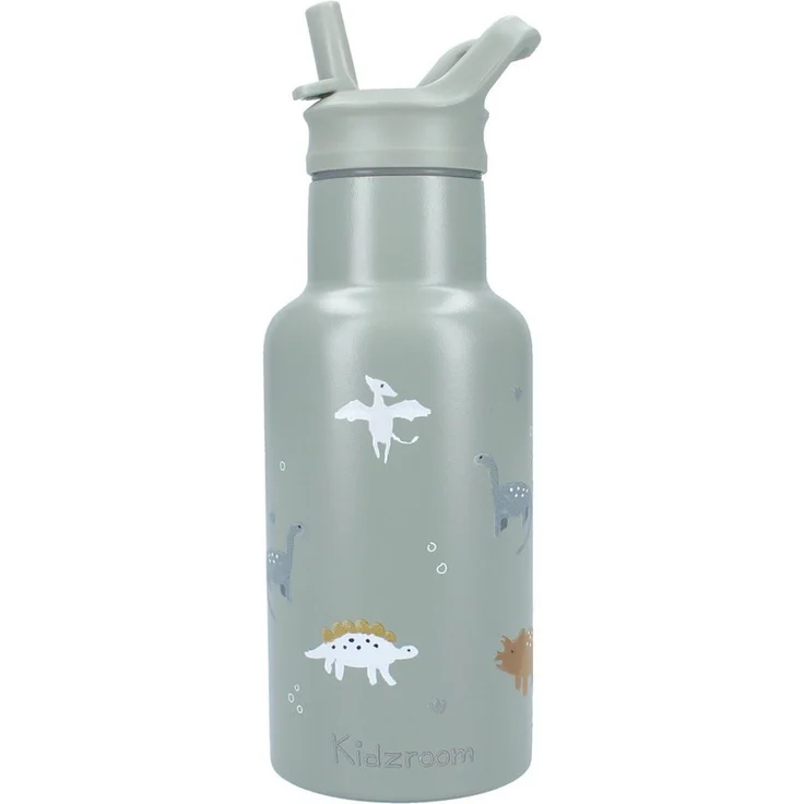 Kidzroom Trinkflasche Small Talk, 350 ml Edelstahl für Kinder mit Dino-Aufdruck und ausklappbarem Strohhalm, grün