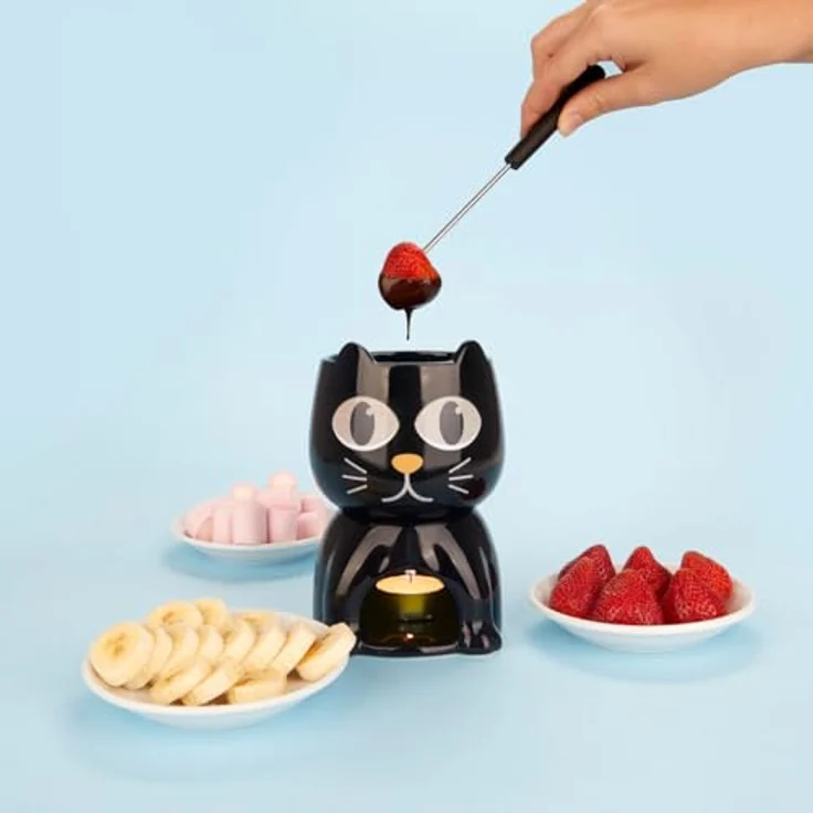 Balvi Schokoladenfondue-Set WAKE CAT, Fondue Set in Schwarz mit originellem Katzendesign, inklusive 4 Gabeln und Teelicht, Keramik, Maße: 10,5 x 10,5 x 16 cm – Bild 4