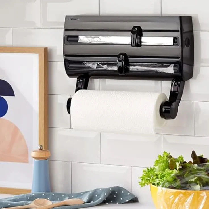 Leifheit Wandrollenhalter Parat F2 ComfortLine-Serie für insgesamt 3 Rollen, Folienschneider mit Abstellfläche für Gewürze und abnehmbarem Küchenrollenhalter, schwarz – Bild 3
