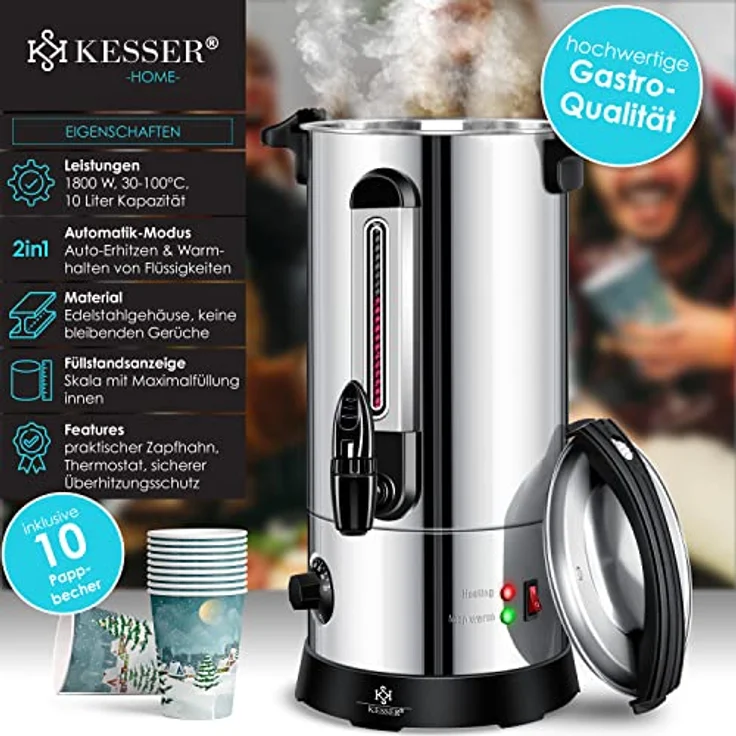 KESSER® Glühweinkessel 10L Edelstahl Inkl. 10x Becher Glühweinkocher mit Thermostat Glühweinautomat Heißgetränkeautomat Wasserkocher Heißwasserspender Einkochautomat Füllstandanzeige Zapfhahn – Bild 2