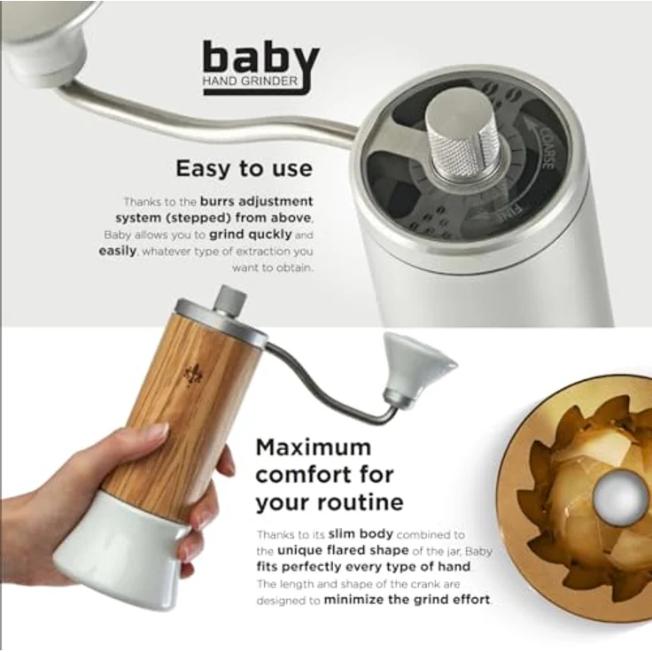 Eureka Baby Kaffeemühle, manuelle Espressomühle mit 48 mm konischen Graten und präziser Mahlgradeinstellung, Nuss/Glas – Bild 2