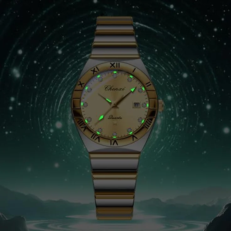 JewelryWe Damenuhr Edelstahl Analog Quarz, 30m wasserdicht, Kalender, römische Ziffern, gold/silber mit Strassskala & rundem goldenem Zifferblatt – Bild 5