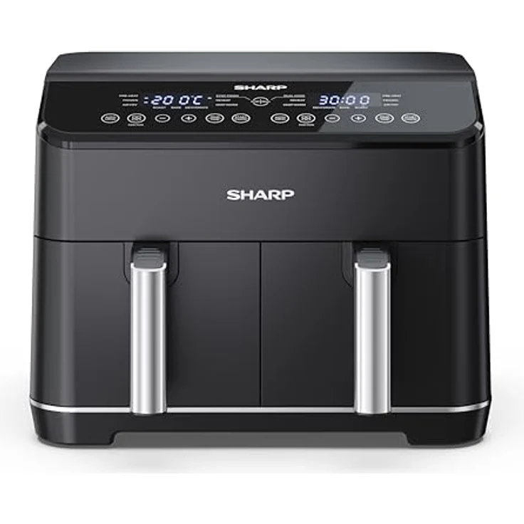 SHARP AF-GD82AE-B Heißluftfritteuse mit 2 Fächern, 2 x 4L mit digitaler Steuerung – Touchdisplay Funktion, 12 Programme, 1800W, Schwarz, Backen ohne Öl – Bild 1